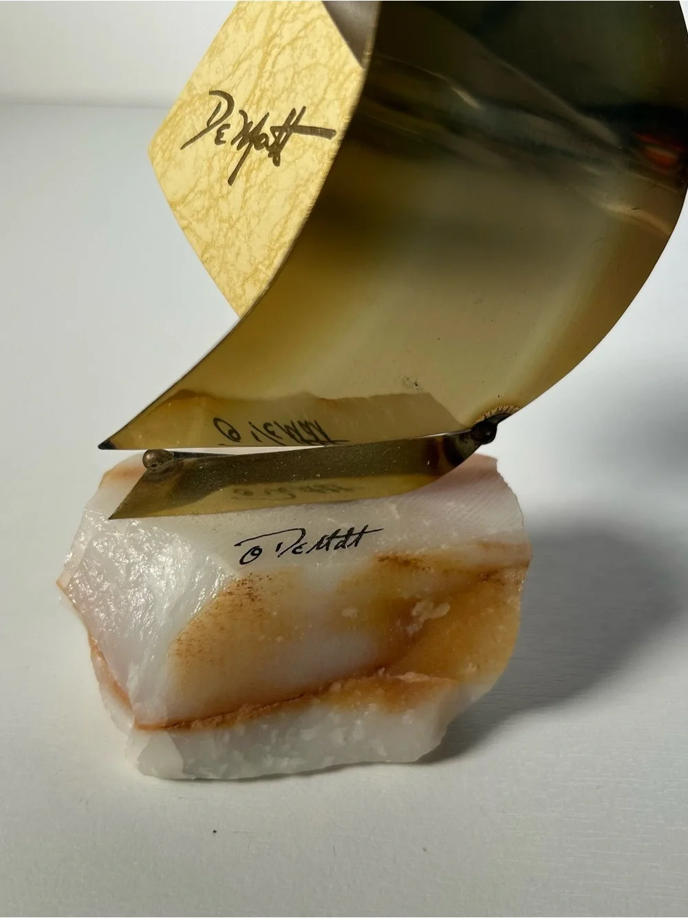 VTG John DeMott Signed Mid Century Brass Sailboat Sculpture Onyx Base 7” W/Tag